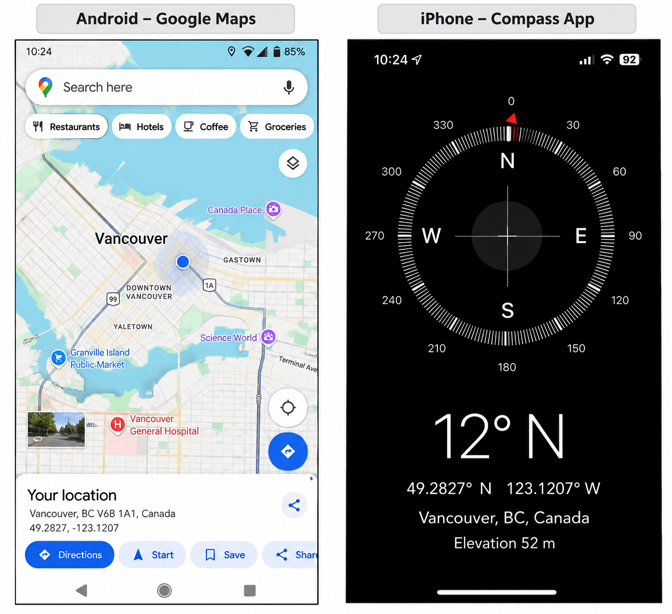 Android Google Maps and iPhone Compass apps showing current GPS latitude and longitude